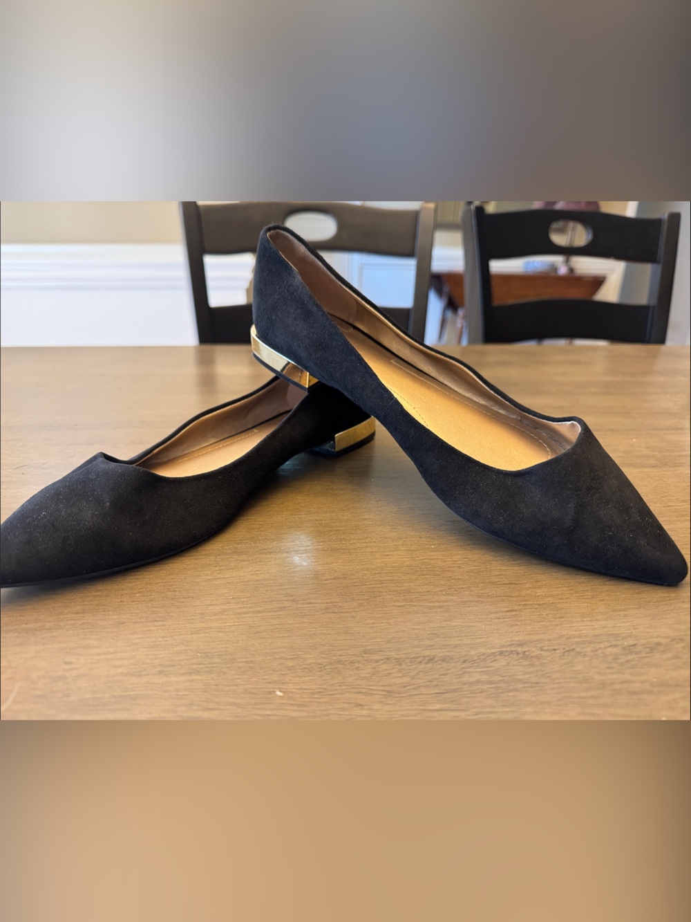 Tahari Black Pointed Toe D'Orsay Flats with Gold Heel Accent